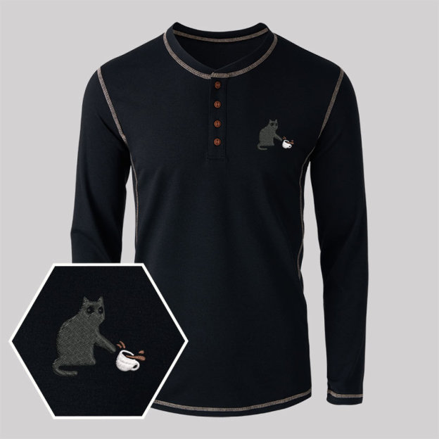 Playful Cat Embroidered Long Sleeve Henley Shirts