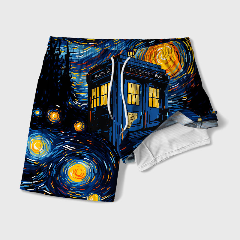 Starry Night Phone Booth Geek Hawaiian Swim Trunks