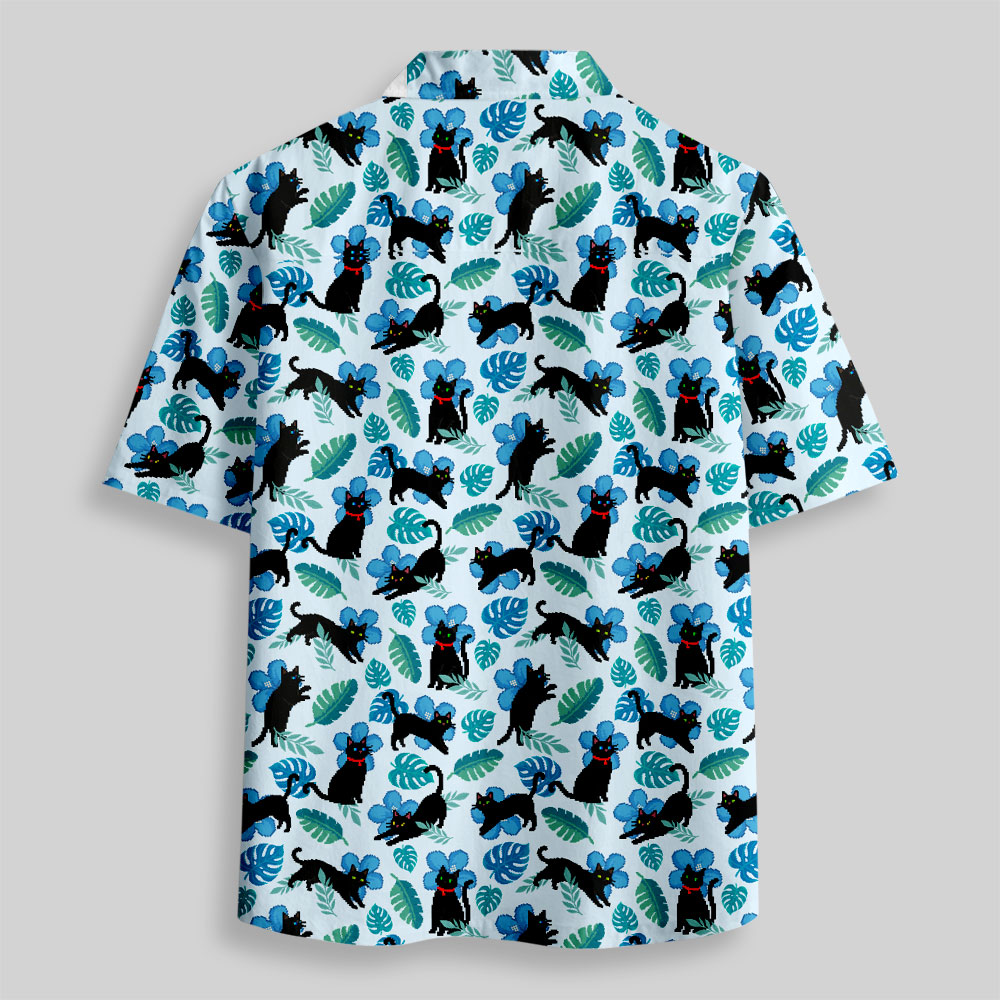 Pixel Cat Hawaii Button Up Pocket Shirt