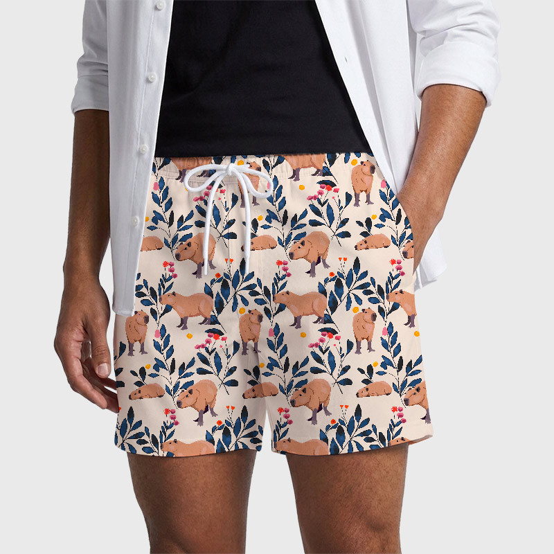 Capybara and Plants Geek Hawaiian Swim Trunks
