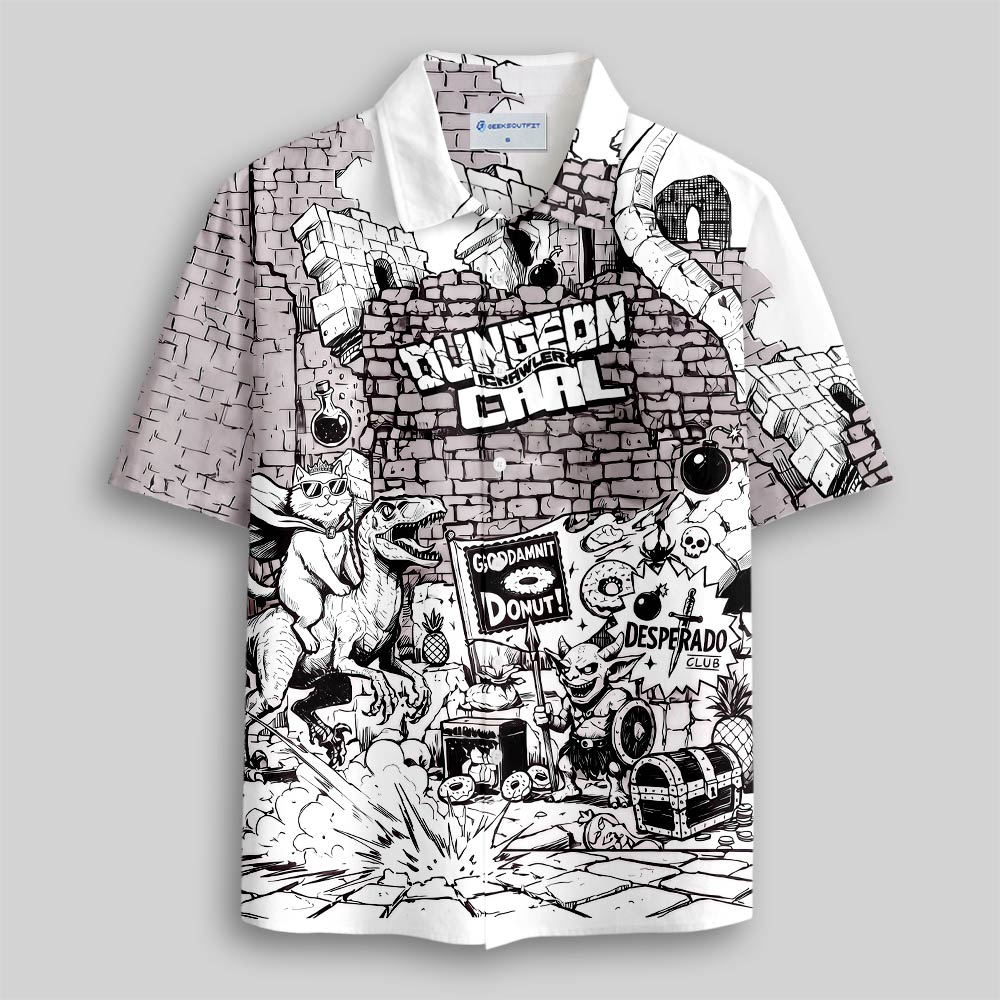 Carl & Donut Dungeon Raid Comic Panel Button Up Pocket Shirt