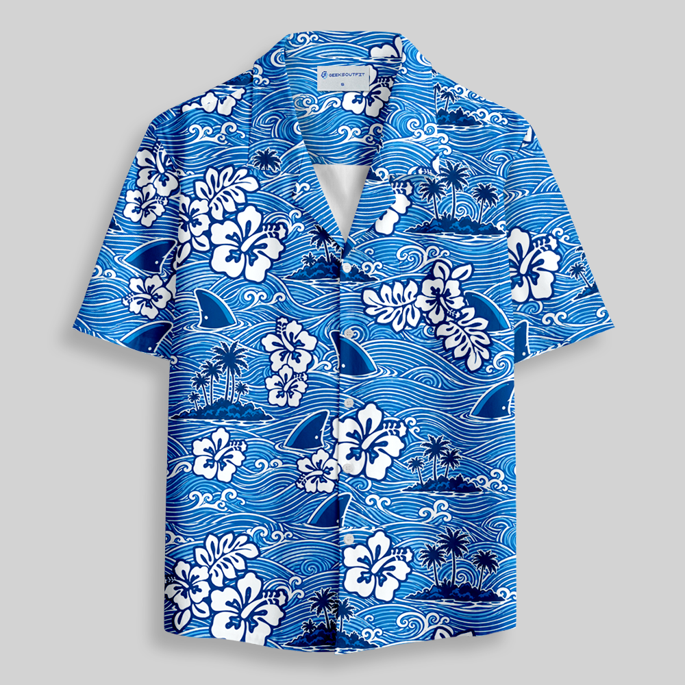 Blue Ocean Wave Hibiscus Tropical Button Up Pocket Shirt