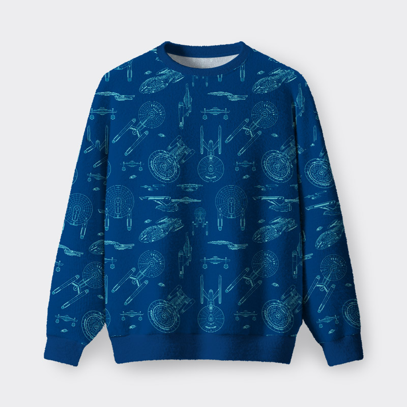 Spaceship Line Drawing Geek Fuzzy Fleece Sweatshirt