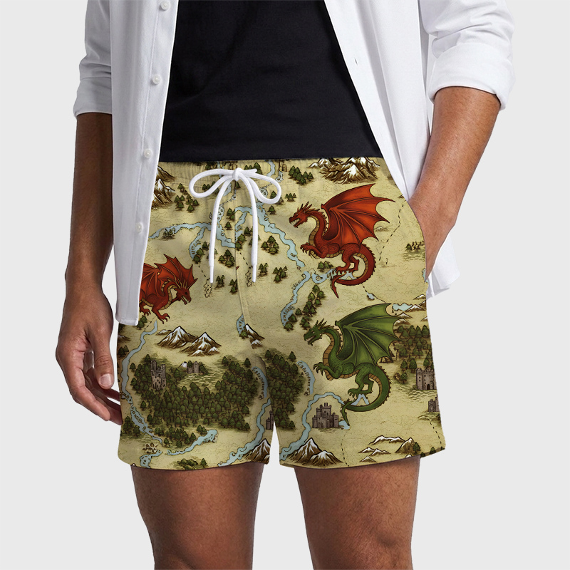 Retro SciFi Dragon Map Geek Hawaiian Swim Trunks