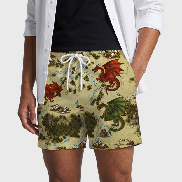 Retro SciFi Dragon Map Geek Hawaiian Swim Trunks