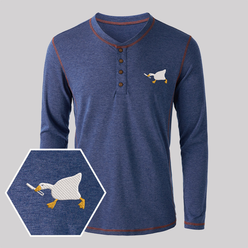 Knife Goose Geek Embroidered Long Sleeve Henley Shirts