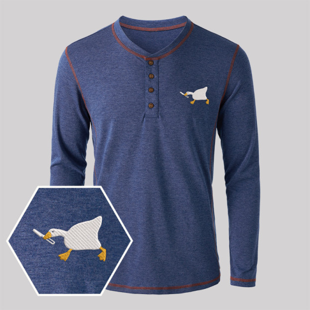 Knife Goose Geek Embroidered Long Sleeve Henley Shirts