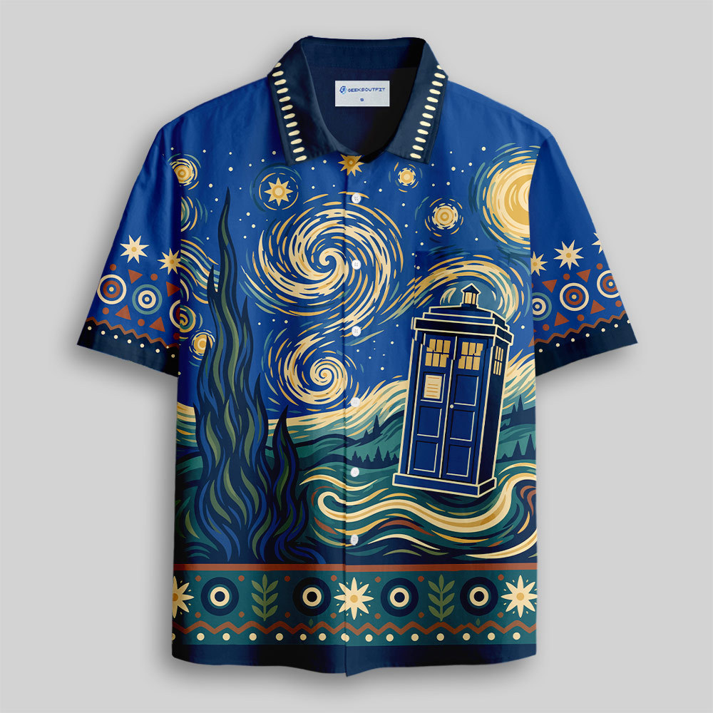 Starry Night Time Cabin Printed Button Up Pocket Shirt
