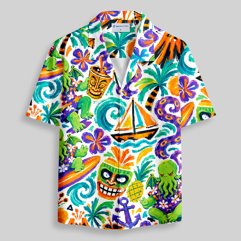 Surfing Cthulhu Tropical Hawaiian Button Up Pocket Shirt