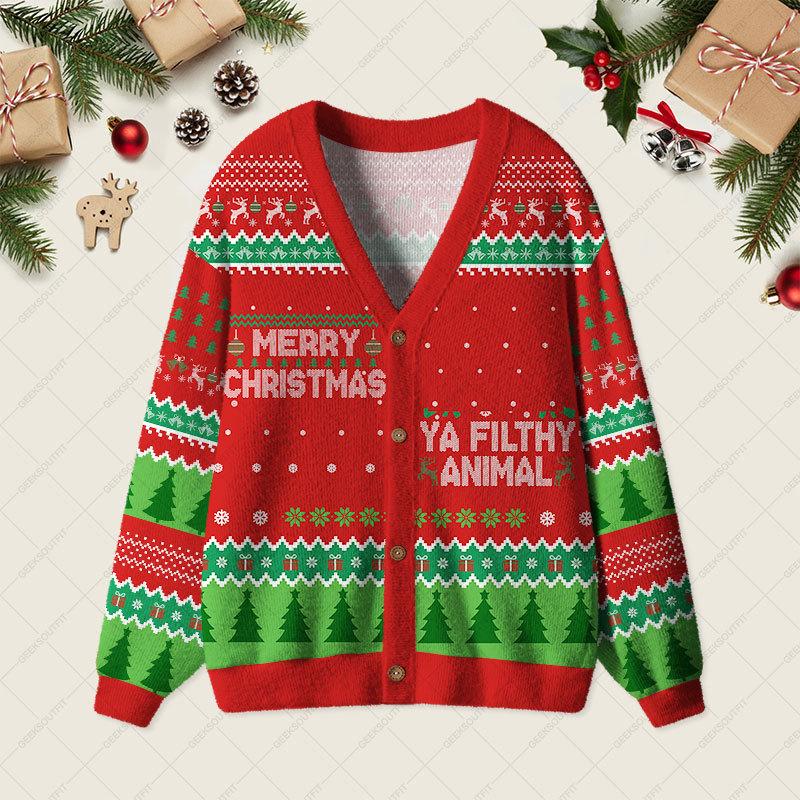 Geeksoutfit Merry Christmas Ya Filthy Animal Geek Ugly Cardigan Sweaters for Sale