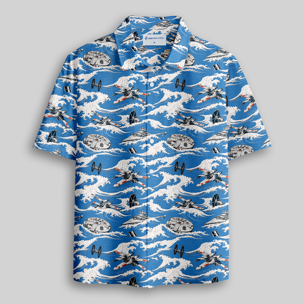 Interstellar Combat Craft Japanese Wave Button Up Pocket Shirt