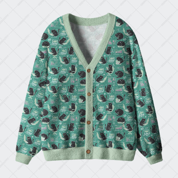 Cat Pattern With Data Print Geek Ugly Cardigan Sweaters 