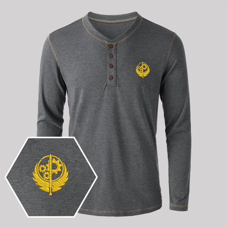 Brotherhood of Steel Geek Embroidered Long Sleeve Henley Shirts