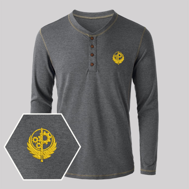 Brotherhood of Steel Geek Embroidered Long Sleeve Henley Shirts