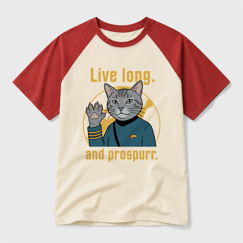 Live Long and Prospurr Vulcan Cat Geek Retro Raglan T-Shirt