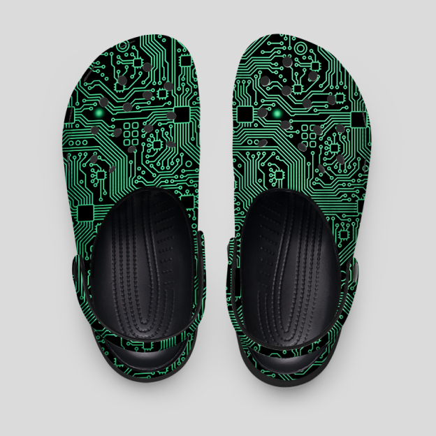 Computer Circuit Board Green Geek Rubber Clogs