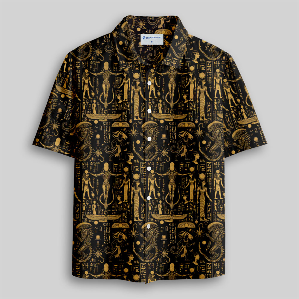 Egyptian Mural Alien Button Up Pocket Shirt
