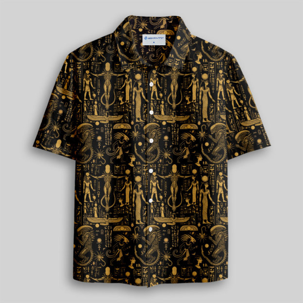 Egyptian Mural Alien Button Up Pocket Shirt