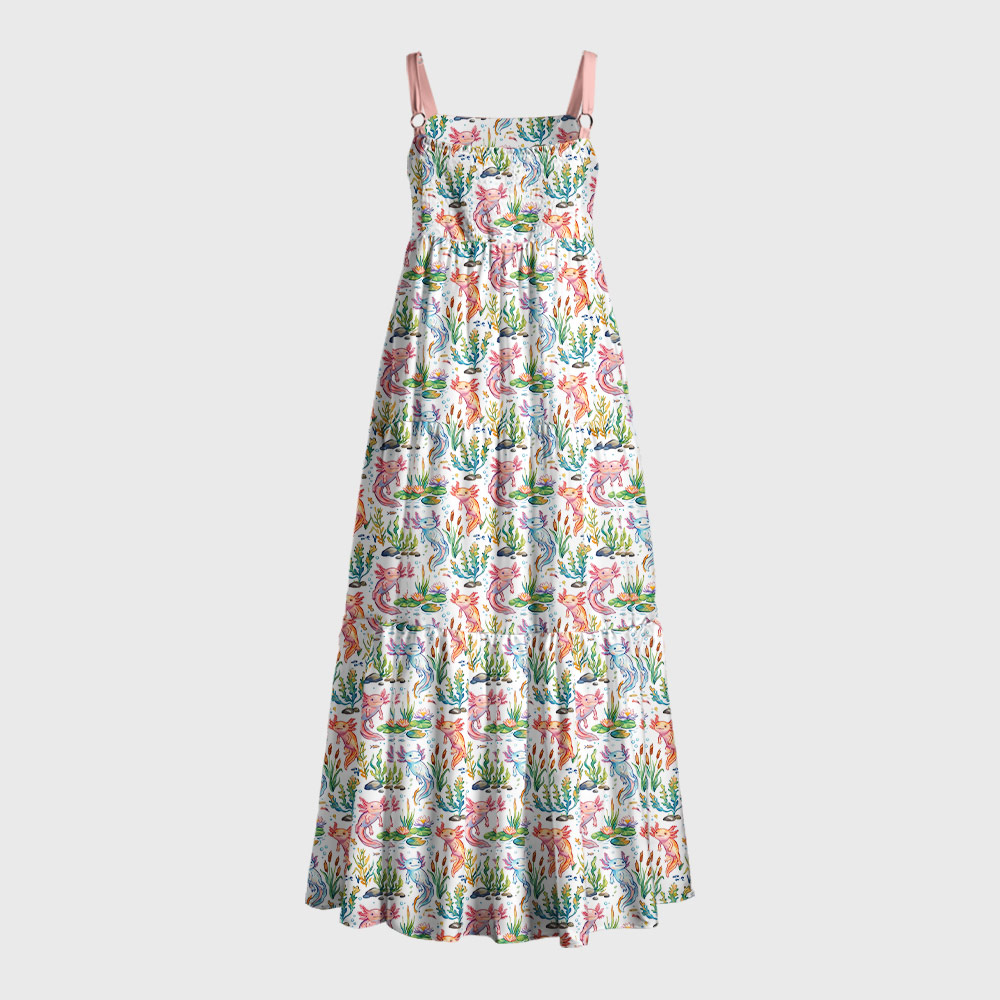 Bright White Axolotl Pond Life Geek Tiered Cami Maxi Dress