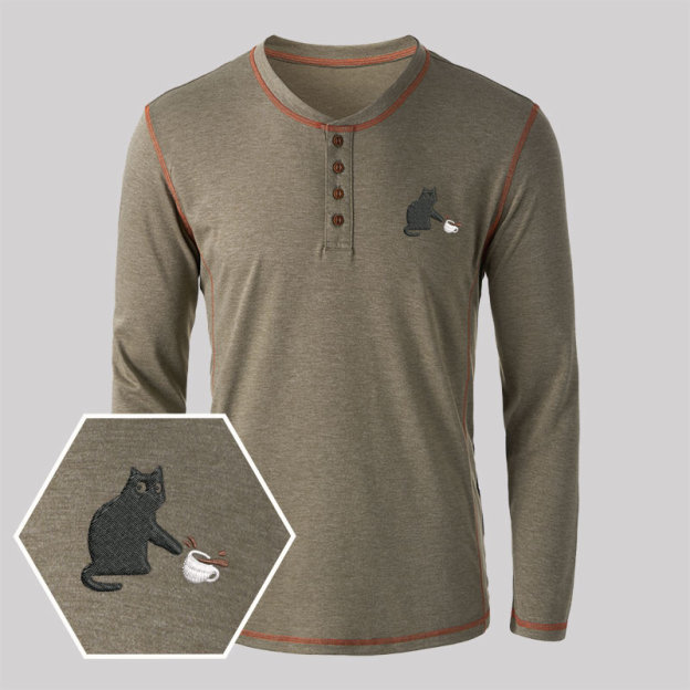 Playful Cat Embroidered Long Sleeve Henley Shirts
