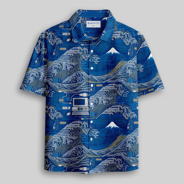 Great Wave Circuit Board Button Up Pocket Shirt