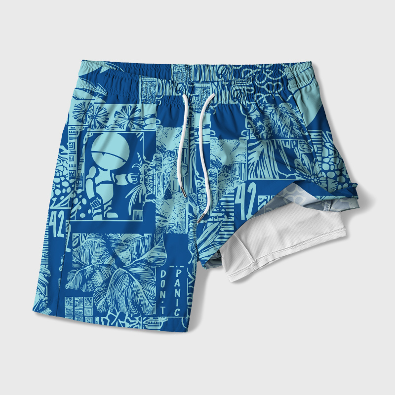 Don't Panic Blue Geek Hawaiian Swim Trunks