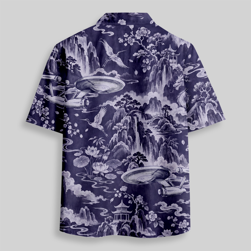 Oriental Mountain Retro Spaceship Fusion Button Up Pocket Shirt