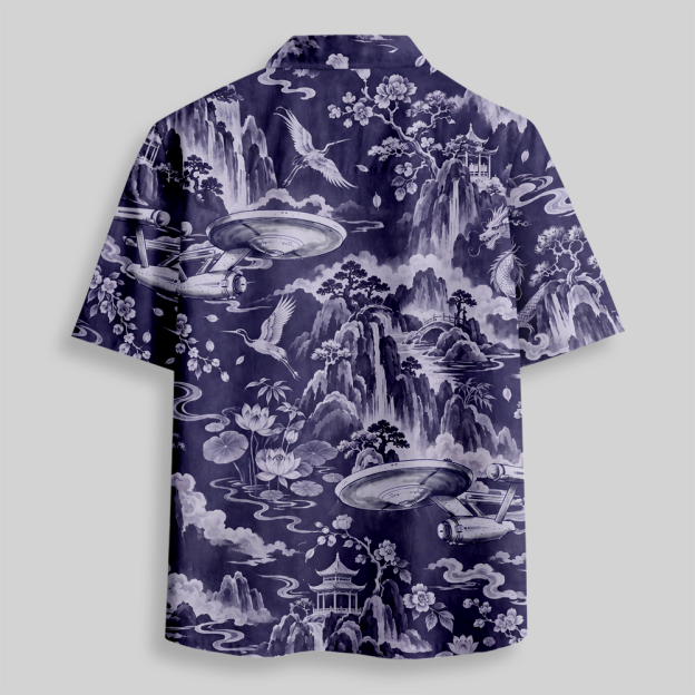 Oriental Mountain Retro Spaceship Fusion Button Up Pocket Shirt
