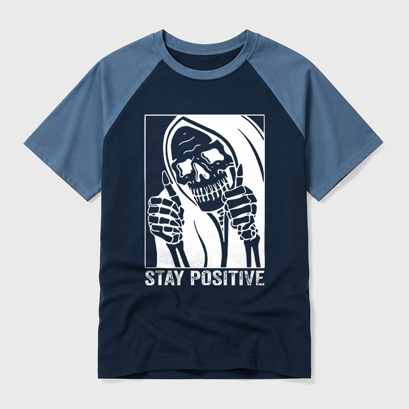 Skull Stay Positive Skeleton Geek Retro Raglan T-Shirt