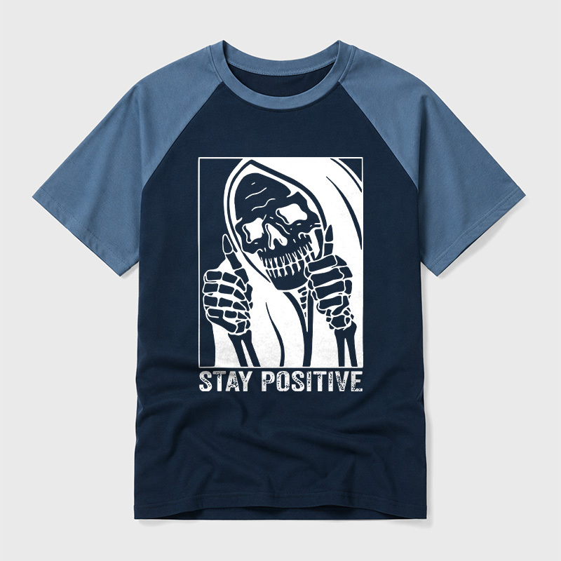 Skull Stay Positive Skeleton Geek Retro Raglan T-Shirt