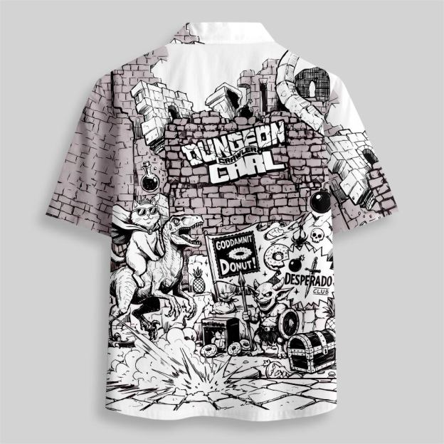 Carl & Donut Dungeon Raid Comic Panel Button Up Pocket Shirt