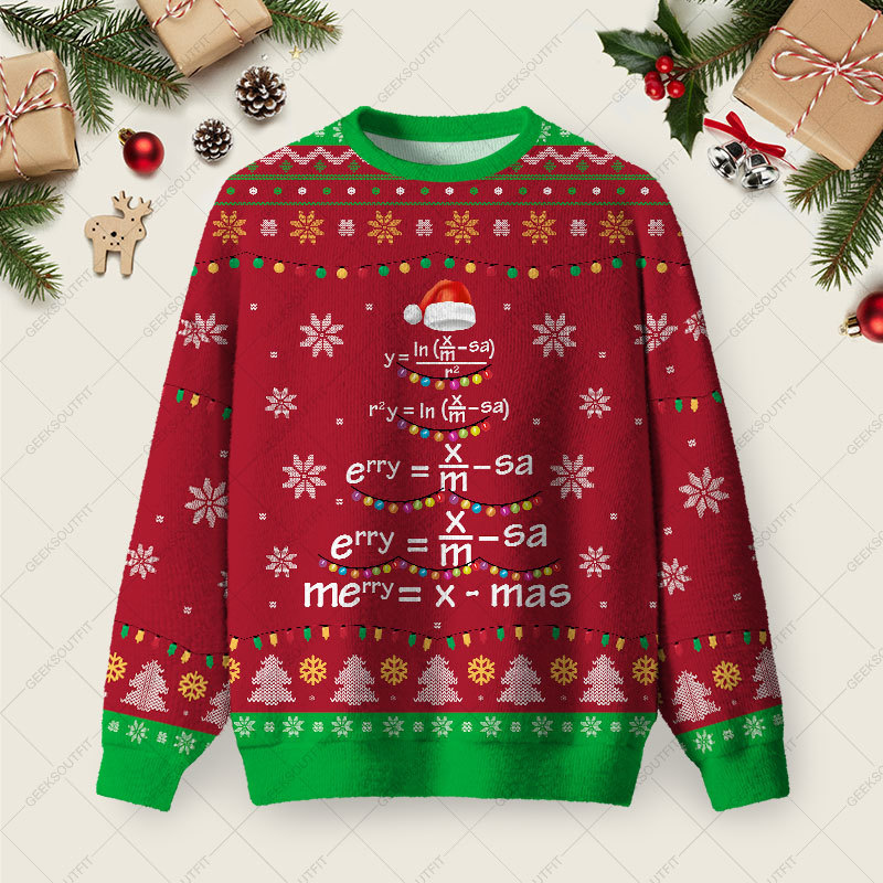 Geeksoutfit Math Merry Xmas Tree Red Ugly Christmas Fuzzy Fleece Sweatshirt for Sale
