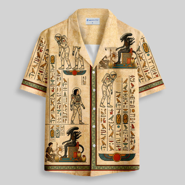 Alien Ancient Egyptian Hieroglyphic Art Button Up Pocket Shirt