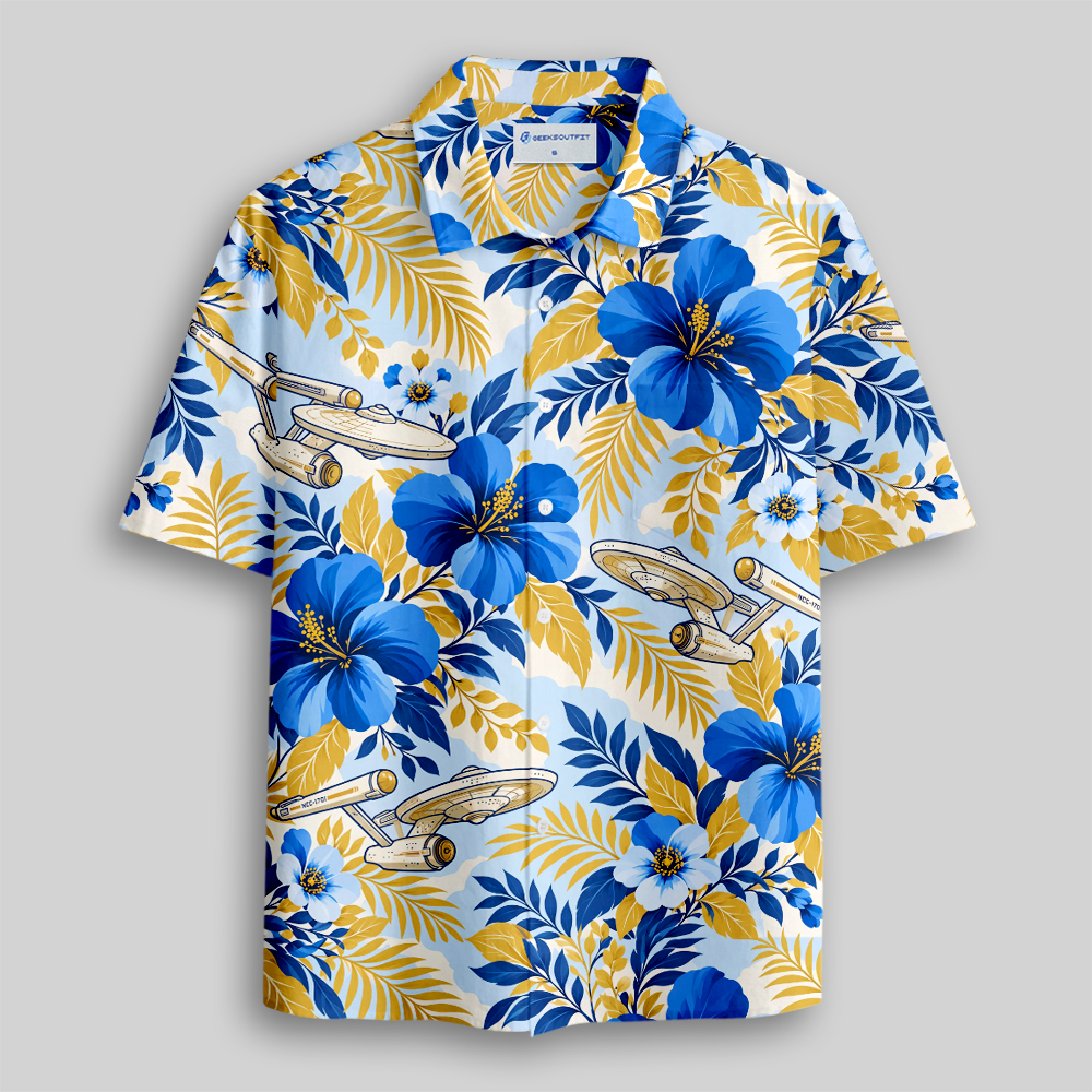 Tropical Hibiscus Space Craft Sci-Fi Button Up Pocket Shirt