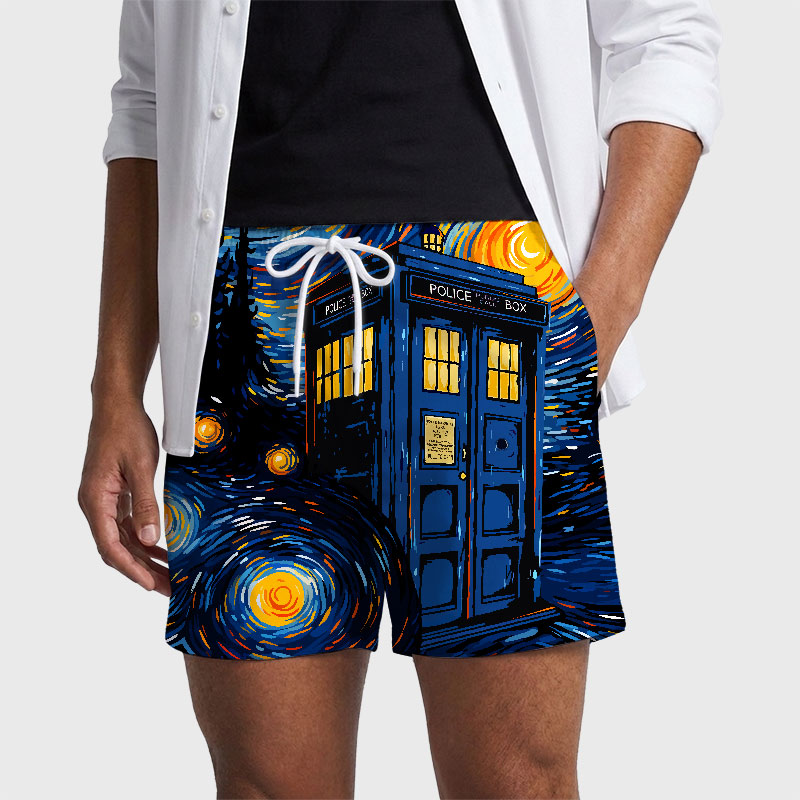 Starry Night Phone Booth Geek Hawaiian Swim Trunks