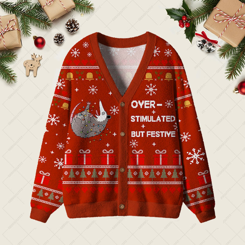 Geeksoutfit Overstimulated but Festive Geek Ugly Cardigan Sweaters for Sale