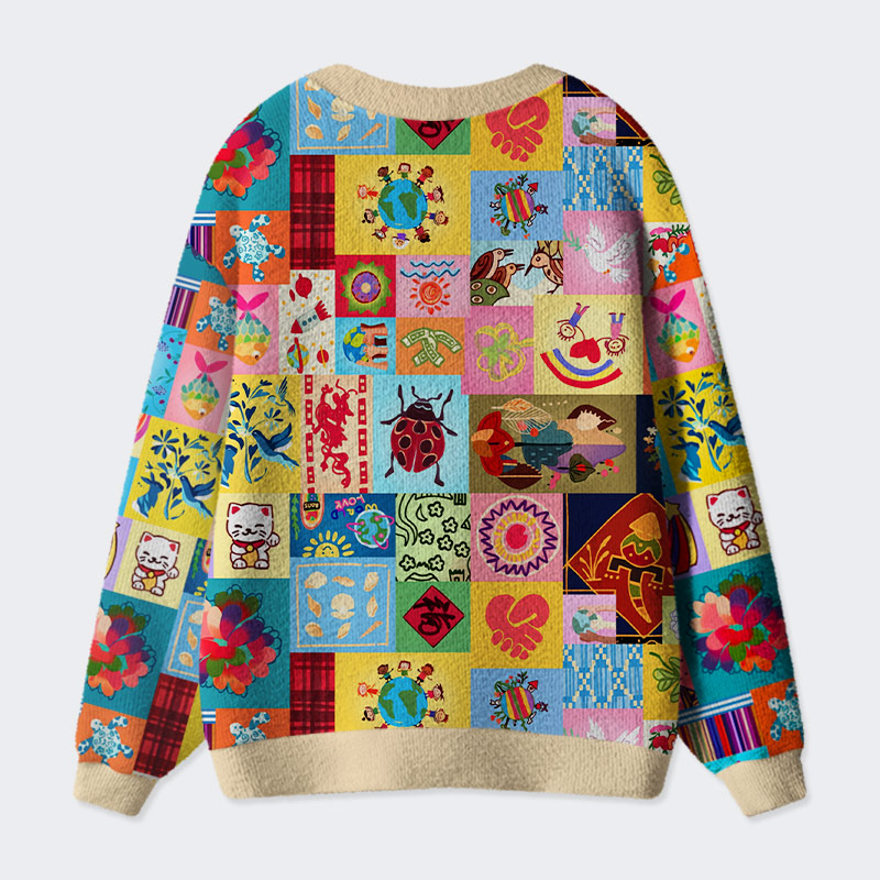 Global Folk Lucky Patchwork Collage Geek Ugly Cardigan Sweaters