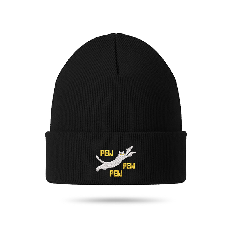 Pew Pew Pew Cat Geek Embroidered Beanie