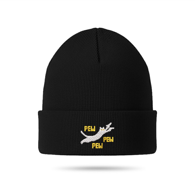 Pew Pew Pew Cat Geek Embroidered Beanie