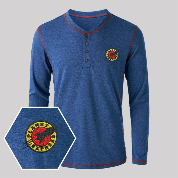Planet Express Embroidered Long Sleeve Henley Shirts