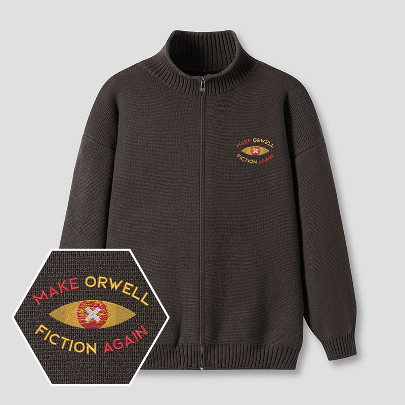Make Orwell Fiction Again Embroidered Full‑Zip Cardigan