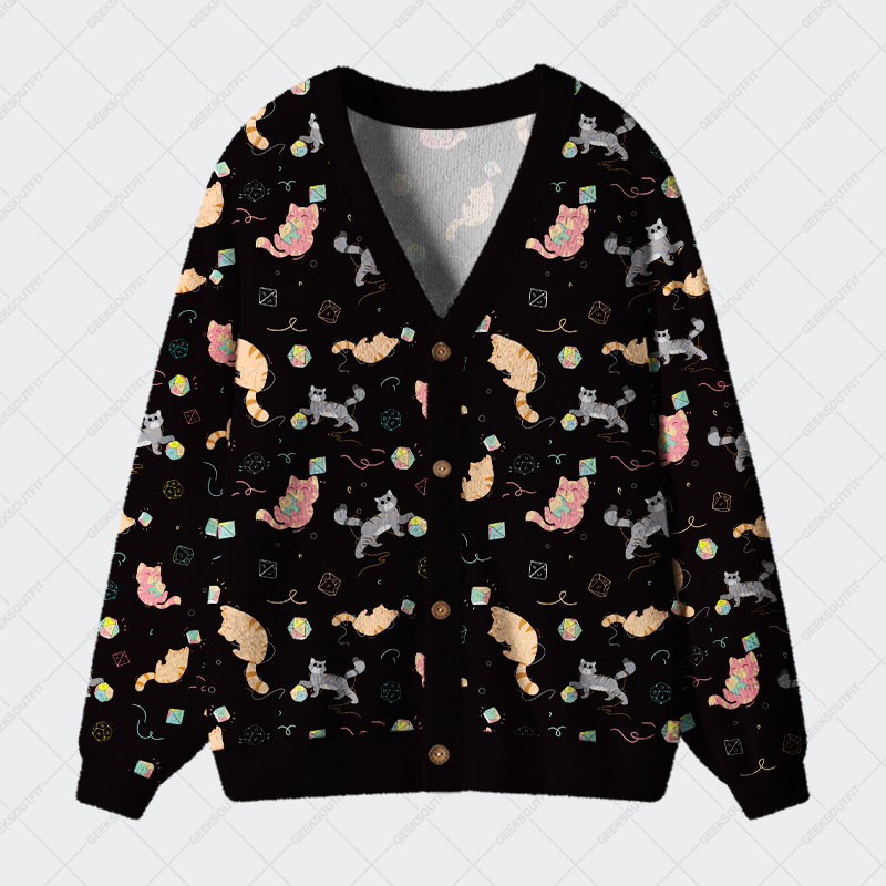 DND Dice Cat Geek Ugly Cardigan Sweaters 