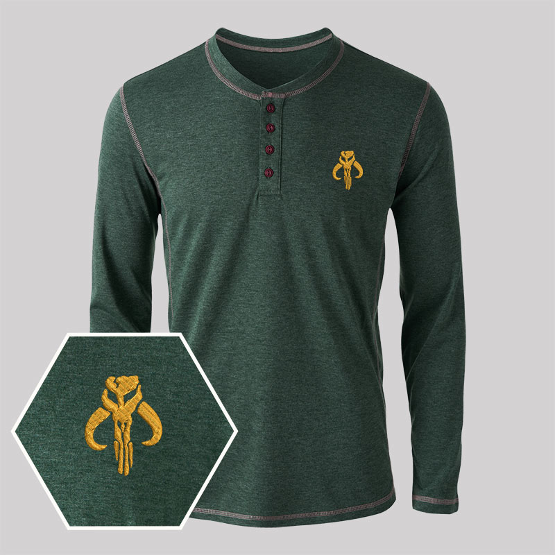 Mythosaur Embroidered Long Sleeve Henley Shirts