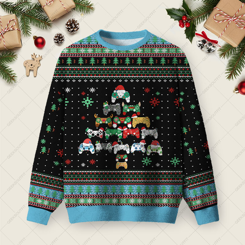 Gamepad Christmas Tree Ugly Christmas Fuzzy Fleece Sweatshirt