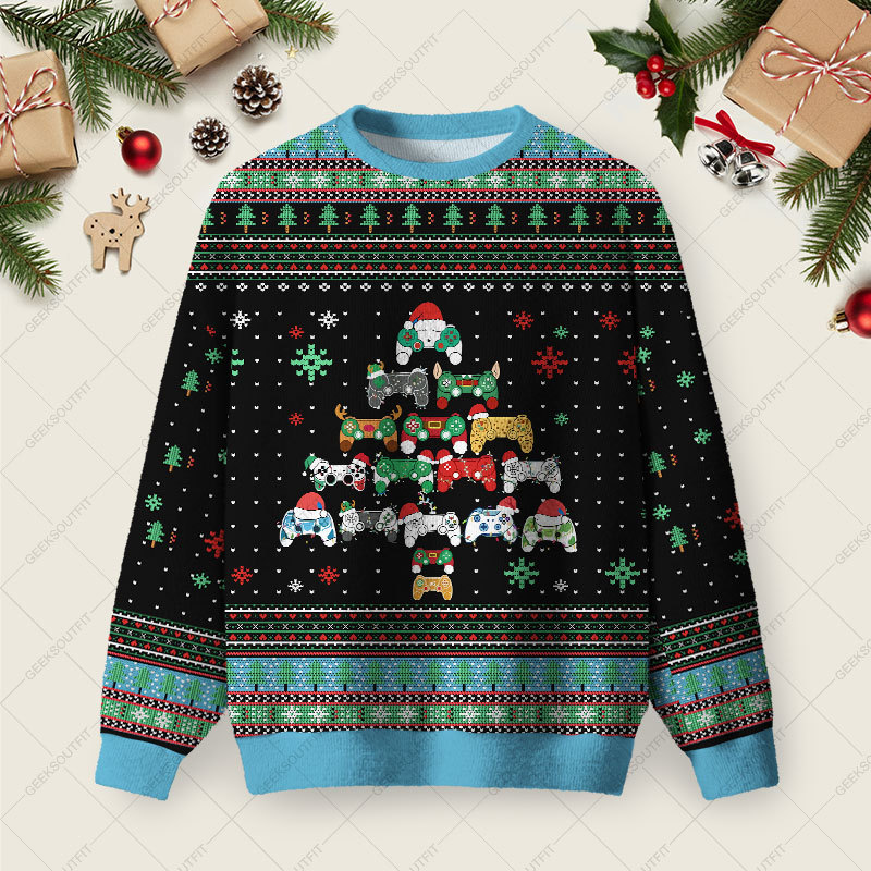 Geeksoutfit Gamepad Christmas Tree Ugly Christmas Fuzzy Fleece Sweatshirt for Sale