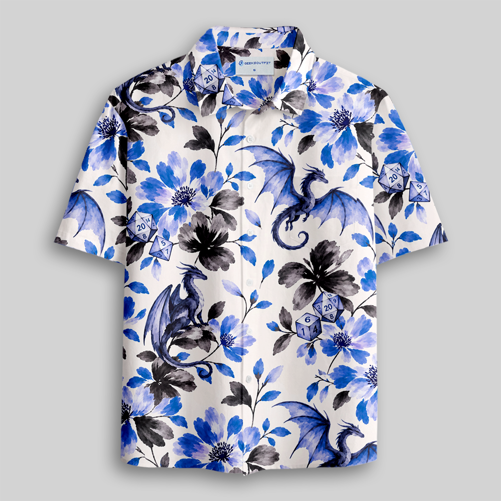 Watercolor Floral Dragon Polyhedral Dice Button Up Pocket Shirt