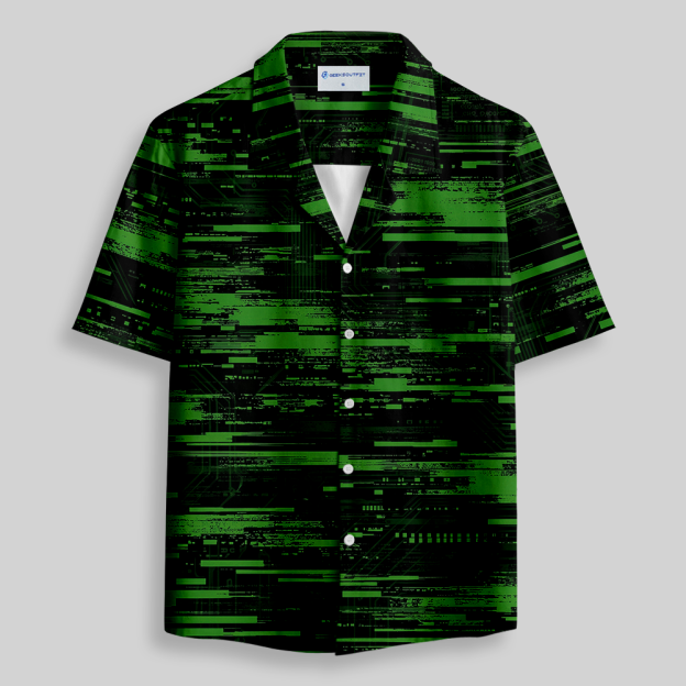 Cyber Glitch Circuit Data Stream Pattern Button Up Pocket Shirt