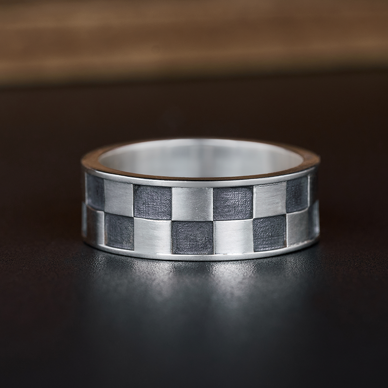 Geeksoutfit Checkboard Sterling Silver Band Ring for Sale online