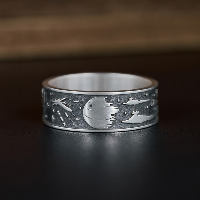 Death Star Space Ship Sterling Silver Band Ring