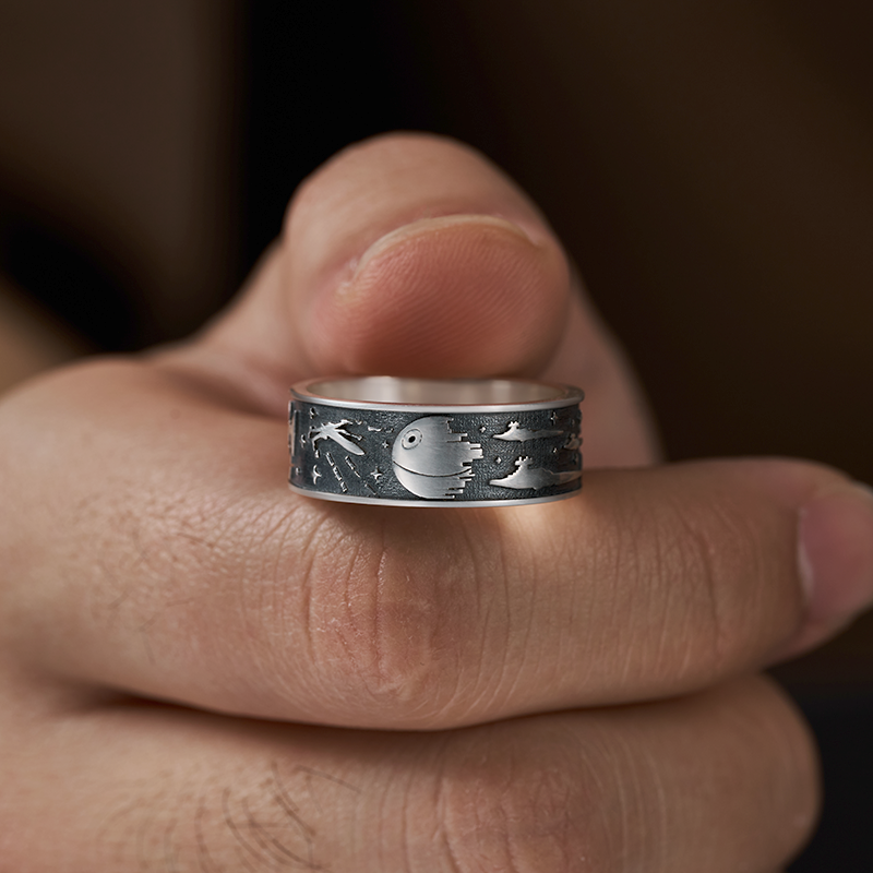 Death Star Space Ship Sterling Silver Band Ring